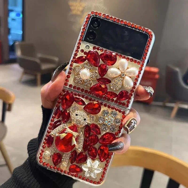 Luxury Rhinestone Phone Case for Samsung Galaxy Z Flip 5 2 4 3, Cute Bear Bottle, Pearl Diamond Flowers, Love Tassels Cover