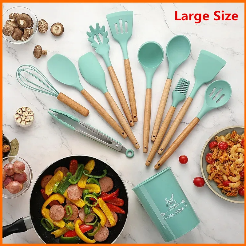 

12Pc Wooden Silicone Kitchenware High Temperature Resistant Non Stick Pot Spatula Spoon With Storage Bucket Cooking Utensils Set