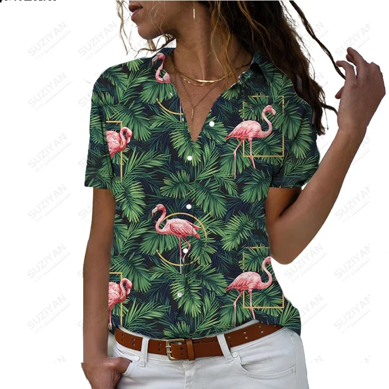 

2024 Summer New Style Women's Hawaiian Flamingo T-shirt 3D Digital Printing Shirt Ladies Lapel Casual Short Sleeve Top