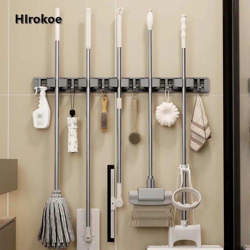 

Space Aluminum Mop Rack Perforation-free Bathroom Wall Mounted Household Broom Multi-functional Hook Shelf Storage Clip Hanger