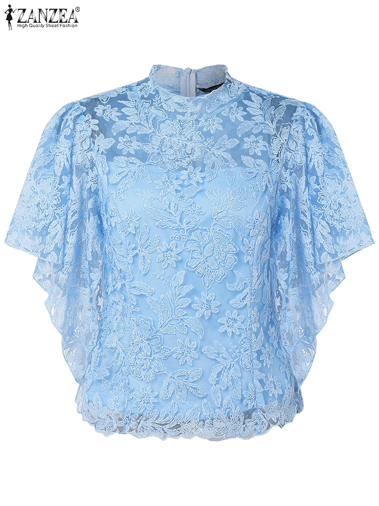 ZANZEA ผู้หญิงเสื้อแฟชั่น 2025 ฤดูร้อนแขนสั้น Ruffles เสื้อลูกไม้ Elegant OL Office Lady เสื้อ STAND COLLAR Blusas