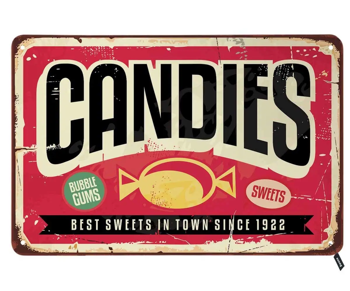 Swono Candies Tin Signs,Sweet Bubble Gums on Red Background Vintage Metal Tin Sign For Men Women,Wall Decor for Bars,Restaurants