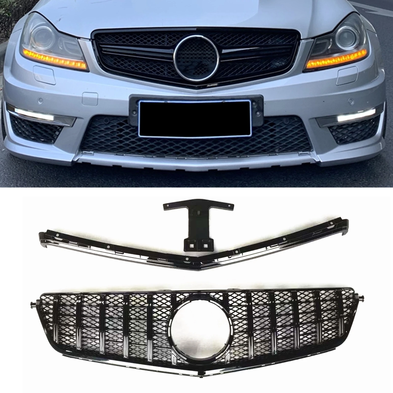 

Front Grille Grill With Frame Bracket For Mercedes-Benz C63 AMG Only 2012-2014 GT Style Black Car Upper Bumper Hood Mesh Grid