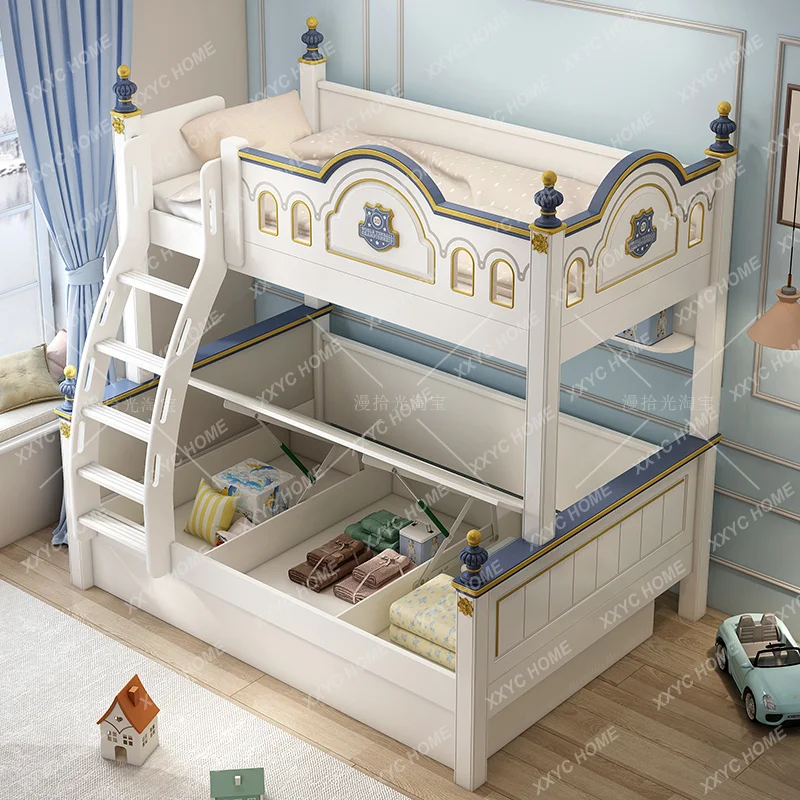 Litera de madera maciza ajustable en altura para niños, cama doble, dos camas, litera superior e inferior, apartamento pequeño