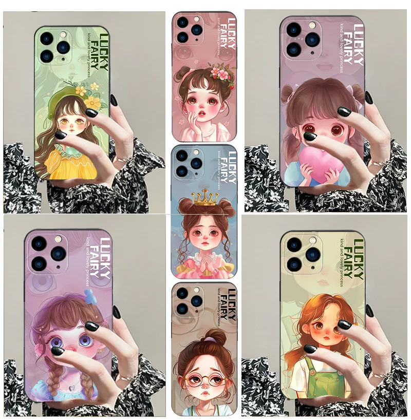 

for iPhone X XS MAX XR 7 G 8 Plus 11 12 13 Mini 14 15 16 PRO Cute Girl Series TPU Black Apple Phone Case Anti Drop Thin Edition