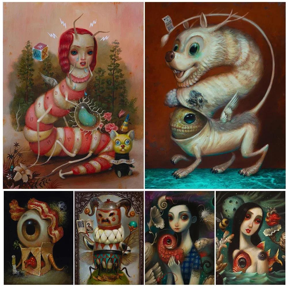 

Weird Monsters Abstract Occult Art PosterPrint Mermaid,Little Bat Monster,Siren Mysterious Creature Wall Art Canvas Print Decor