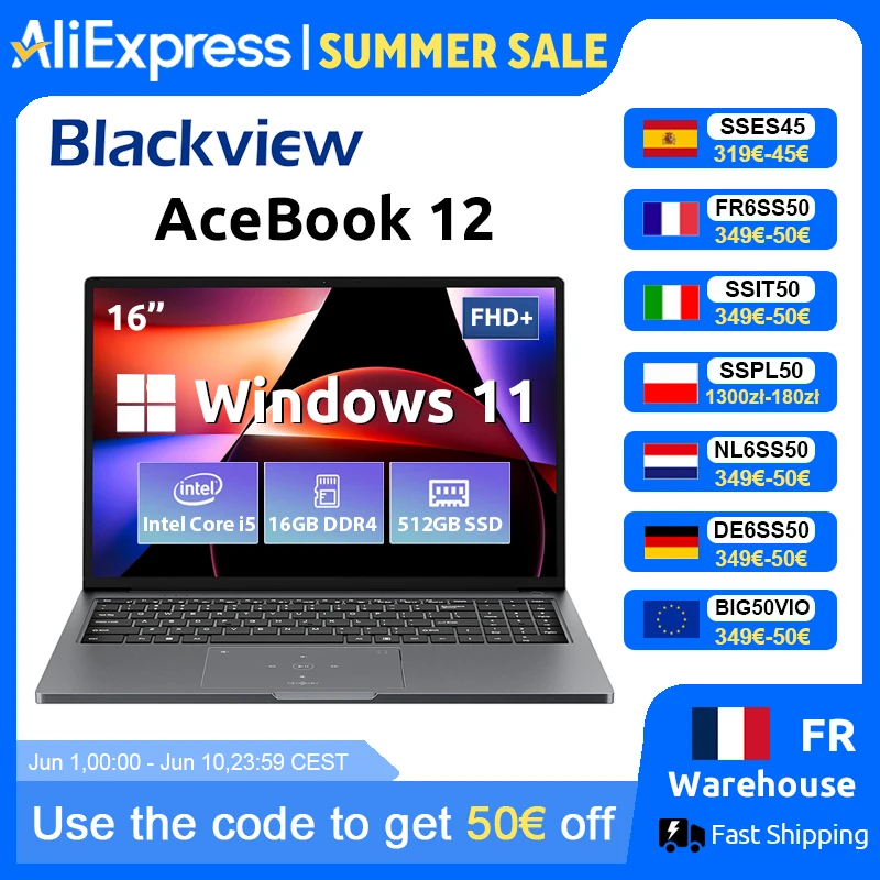 Blackview AceBook 12 Win 11 Laptop 16'' FHD IPS , Intel I5-1030NG7 Notebook, 16GB RAM 512GB SSD, 2-in-1 Fingerprint Power Button