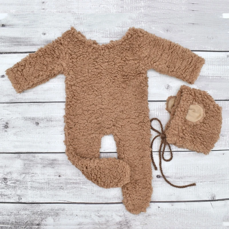 Cute Newborn Bear Bonnet and Pajama Set Infant Photo Prop Brown Plush Bear Ear Hat and Footie Romper Photoshoot Outfit