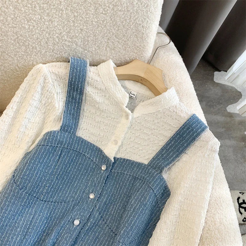 2023 Spring Korean Style Fake Two Piece Shirt Women Elegant Slim Puff Sleeve White Blouses Sweet Chic Short Tops Female Clothing