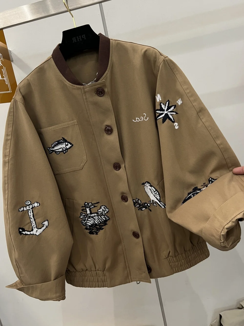 

Khaki Print Work Jaet Casual Turn-down Collar Men's Spring Autumn Hong Kong Sle Leisure Ele Coat Top for Women