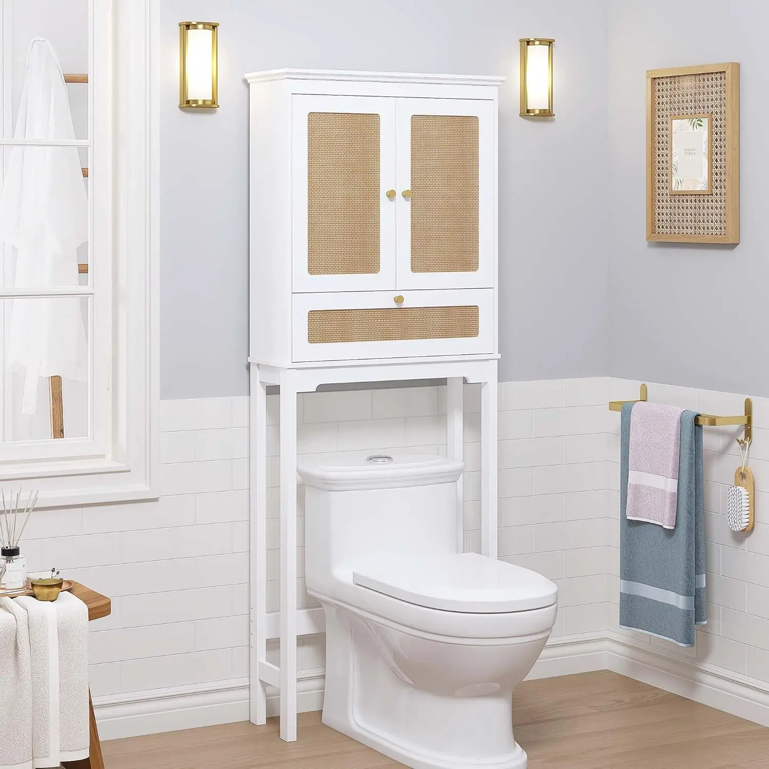 

Over The Toilet Storage Cabinet with Rattan Doors, Over Toilet Bathroom Organizer with Tilt-Out Cube and Adjustable, Customized