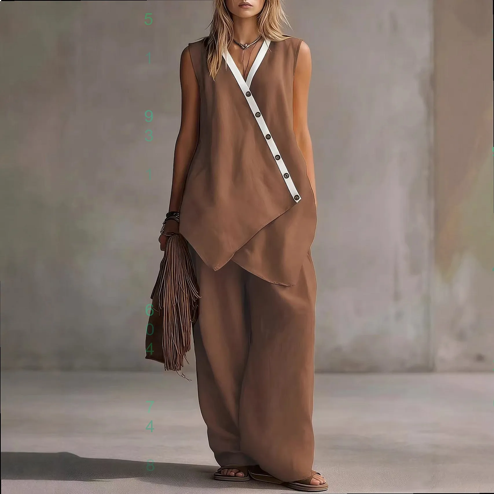 2026 Spring and Summer Independent Station Europe and America Bohemian V-neck irregular button vest wide-leg pants casual suit