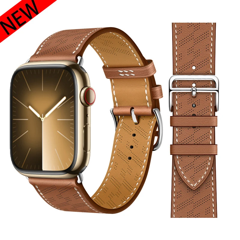 Logo Leather Strap for Apple Watch Series 10 9 8 7 Breathable Band 46mm 44mm 45mm 41mm 40mm 42mm Bracelet for IWatch Ultra2 49mm