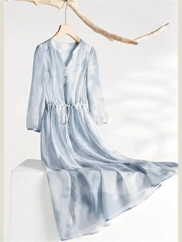 

Синее платье-миди с акварельным эффектом омбре, женское, весна-лето, свободное, повседневное, с завышенной талией, V-образным вырезом, А-силуэт, модное