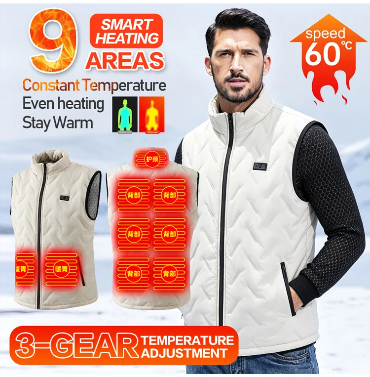 Unisex-Heizweste mit Stehkragen und Reißverschluss, 9 Heizzonen, USB-betriebene elektrische Heizweste, 3 Temperaturstufen, winddicht, leicht. – Detail 5