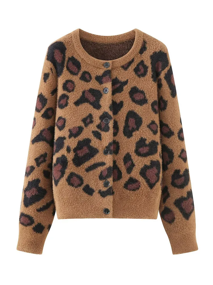 

HH Women Fashion Long Sleeve Crew Neck Imitation Mink Fur Leopard Print Sweater Female High Street Casual Cardigan Sweater Mujer