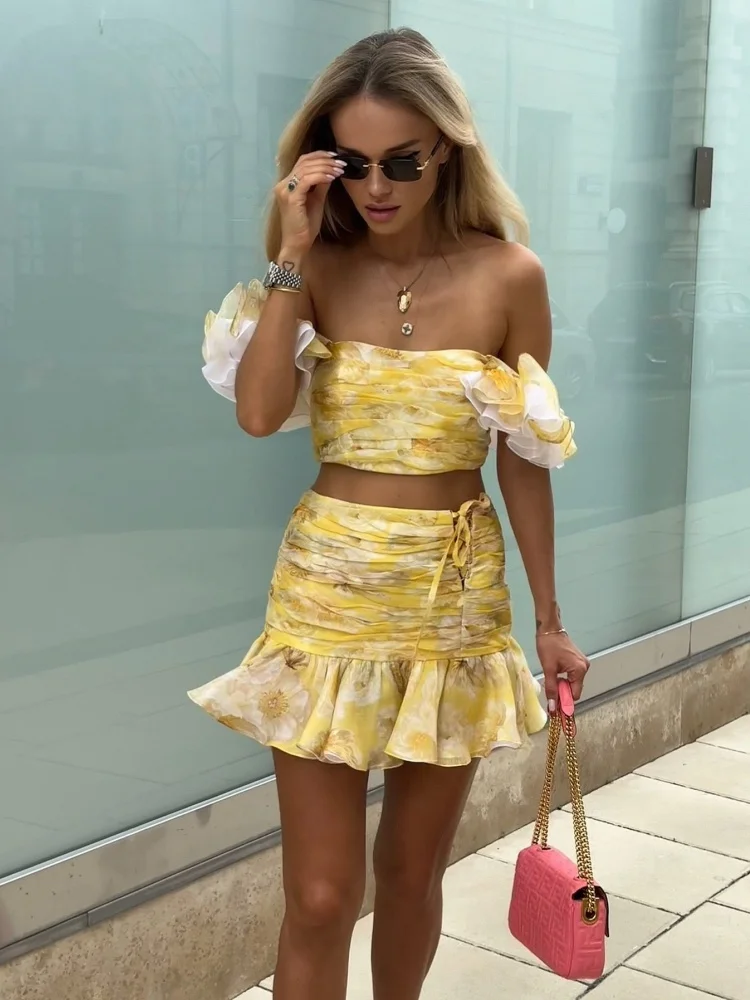 

Lace Halter Puffy Top Vest Mini Skirt Two Piece Set Printed Pleated Ruffle Women Straps Blouse Lace Up A-Line Short Skirts Suits