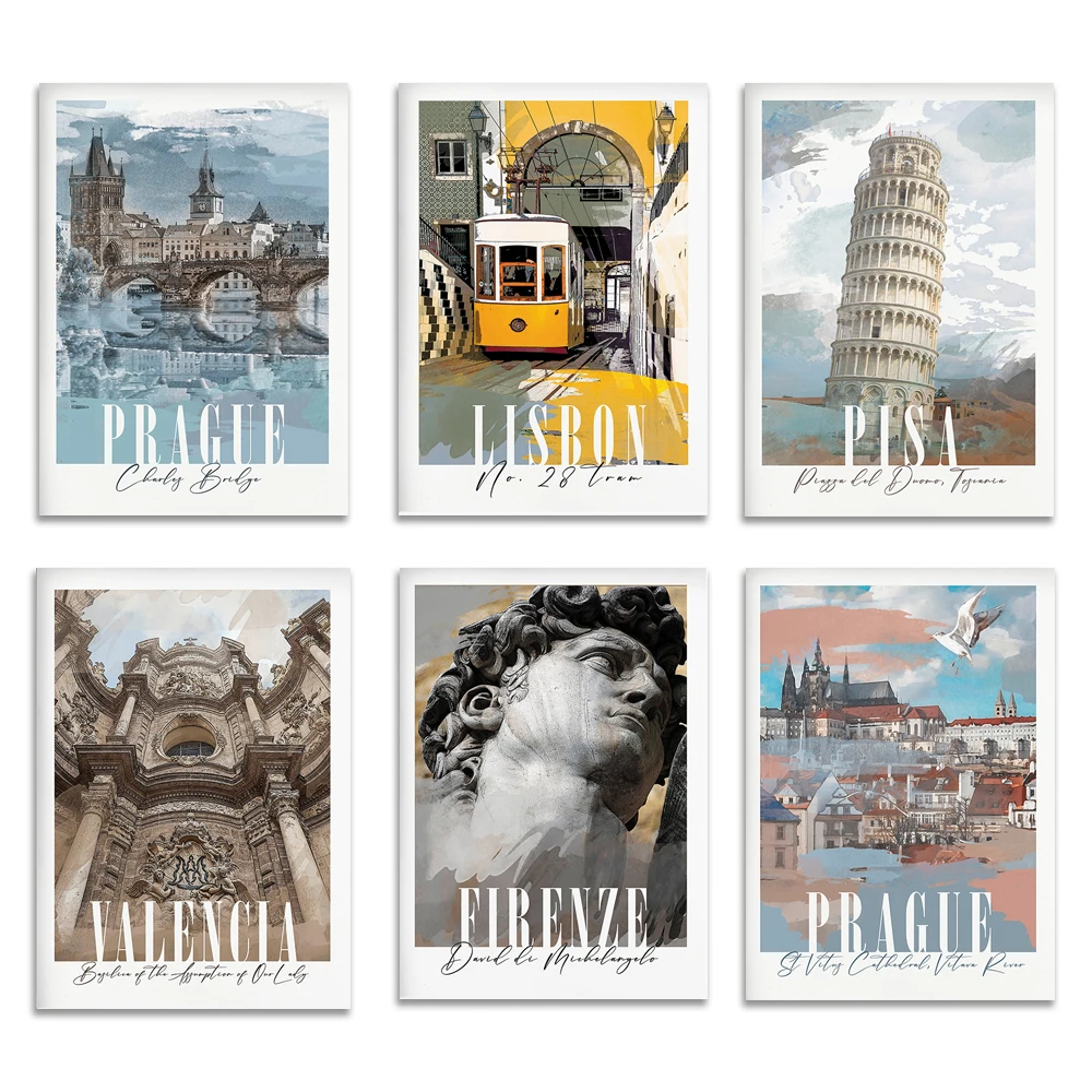 

Venice, Prague Charles Bridge, Lisbon, Rome, New York, Big Ben, Budapest, Italian architecture art, European city travel poster