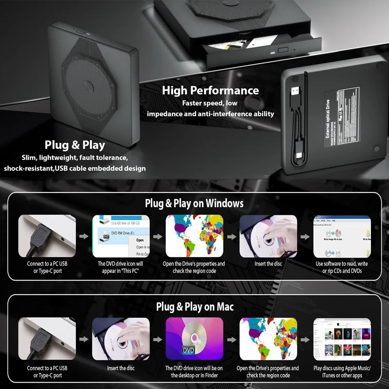 Quemador Bluray 3D USB 3,0, lector y grabador BD 6X, unidades externas de Blu ray, reproductor de CD y DVD, grabadora para Windows 7/8/10/11 MacOS