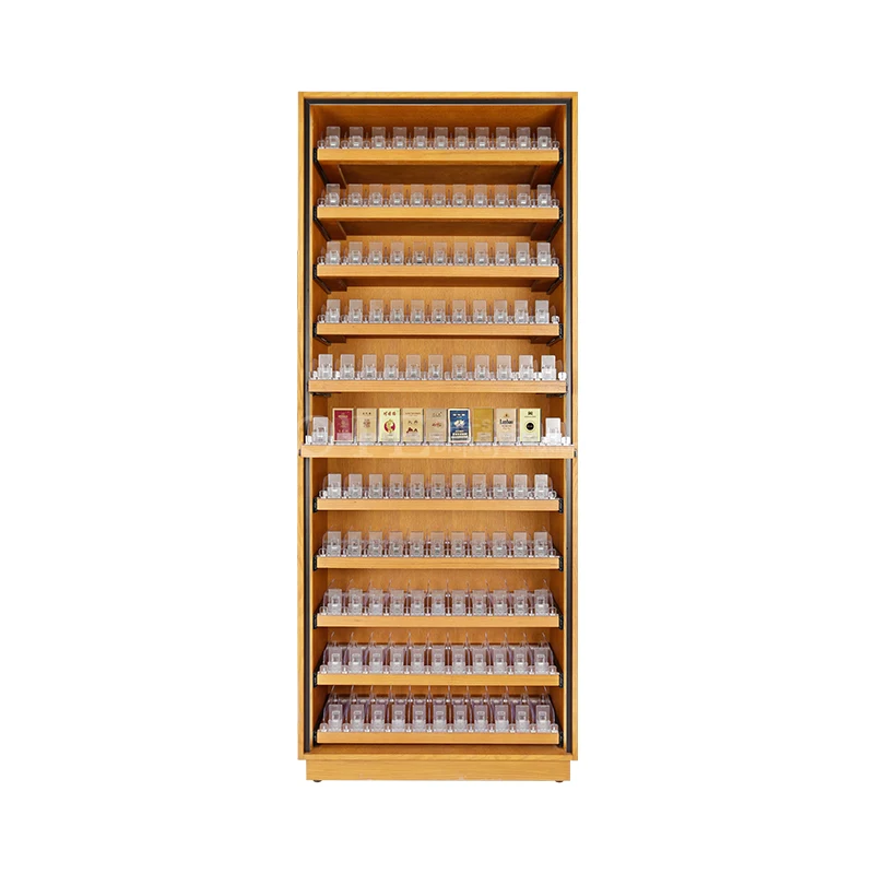 custom.Multi-layer Smoke Shop Cabinet Shop Wooden Racks Shelves with Pushers