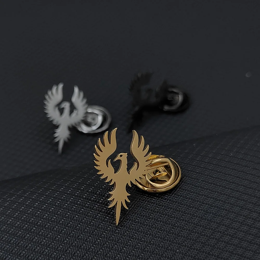 Trendy Phoenix Totem Brooch for Men Stainless Steel Animal Faith Amulet Jewelry Groom Shirt Suit Badge Pin Wedding Accessories