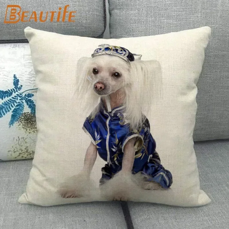 Custom Chinese Crested Dog Pillowcase 45X45cm Wedding Decorative Eco-Friendly Cotton Linen Fabric Pillow Case