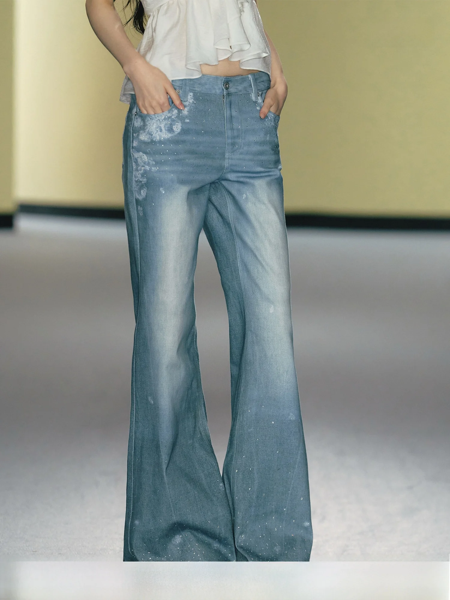 

AGAM Original Heavyweight Glittering Diamond Printed Loose Casual Jeans Blue Fading Cotton Pants Women's Summer Fashion