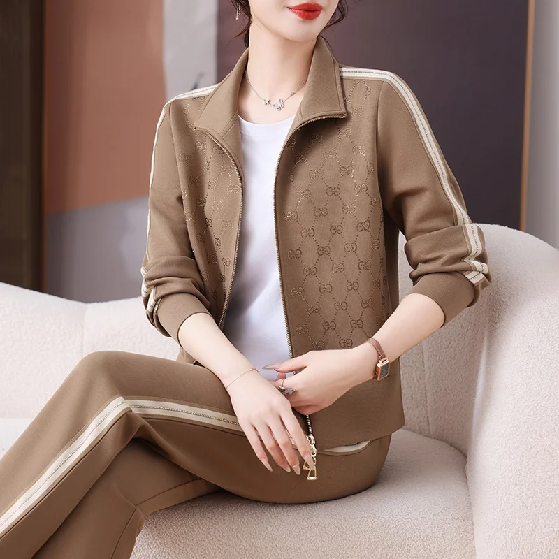 

Casual Sportswear Set for Middle-Aged Women 2024 New Sle Mom's Autumn Outerwear Cact Spring Autumn Top Bot Two-Piece...