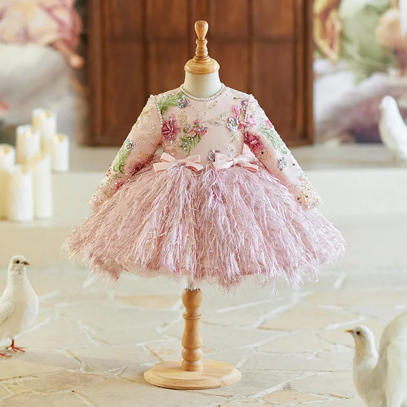 Birthday Pink Piano Performance Party Princess Dress Girls' New High-End Light Luxury Embroidered Sequin Bowknot