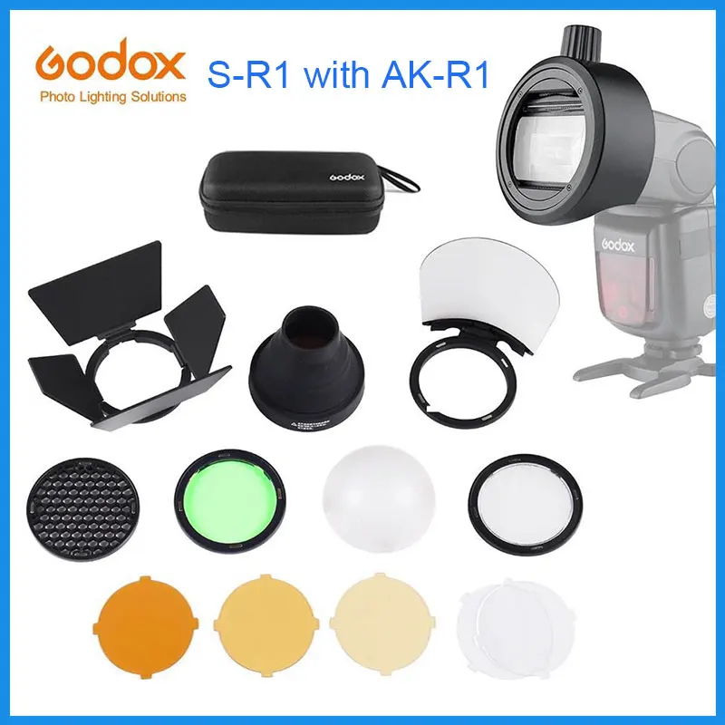 Godox S-R1 with AK-R1 AK-R11 AK-R16 Flash Speedlight Adapter Barn Door Snoot Color Filter Reflector Honeycomb  Diffuser Ball Kit