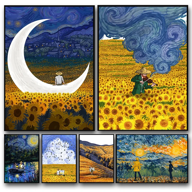 مجردة فان جوخ عباد الشمس زهرة السماء المرصعة بالنجوم الفن صور المشارك الطباعة النفط اللوحة قماش اللوحة للديكور المنزل الحديث #1