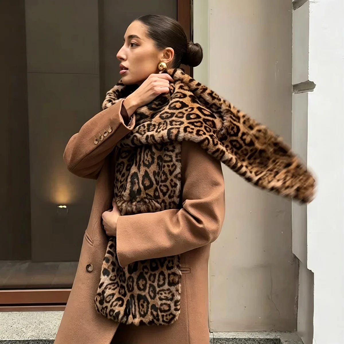 Women's Fluffy Faux Fur Scarf Warm Plush Winter Long Neck Warmer Leopard Print Solid Elegant Luxe Chic Trendy