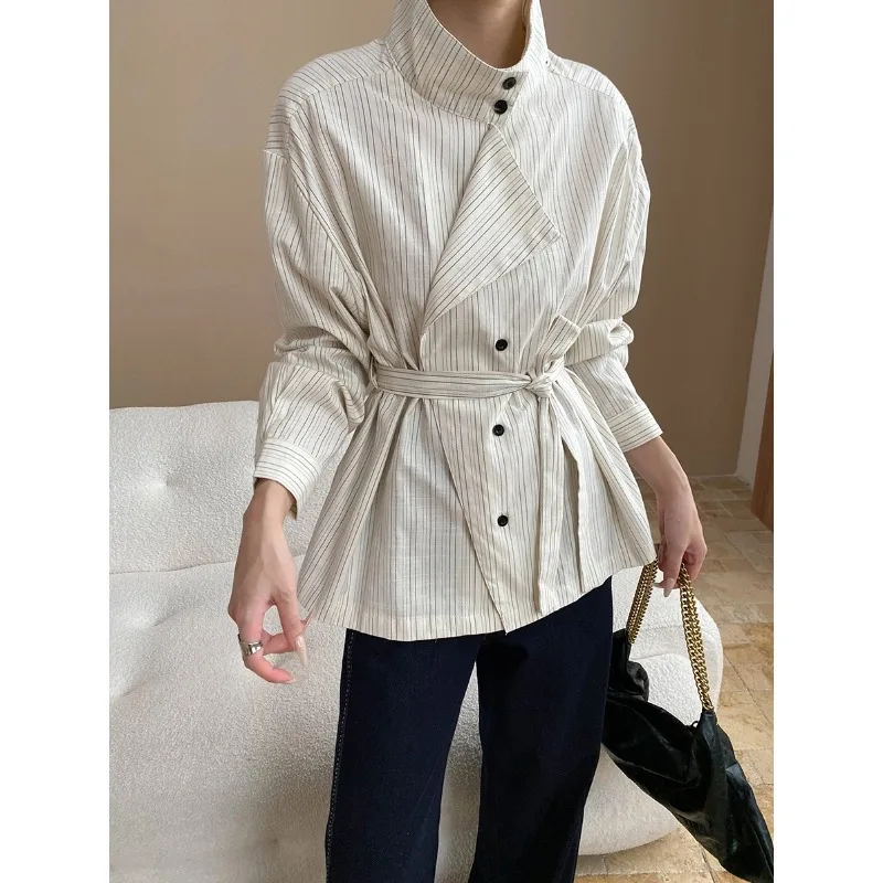 

SuperAen Нишевая дизайнерская полосатая рубашка с двойным воротником и талией для женщин