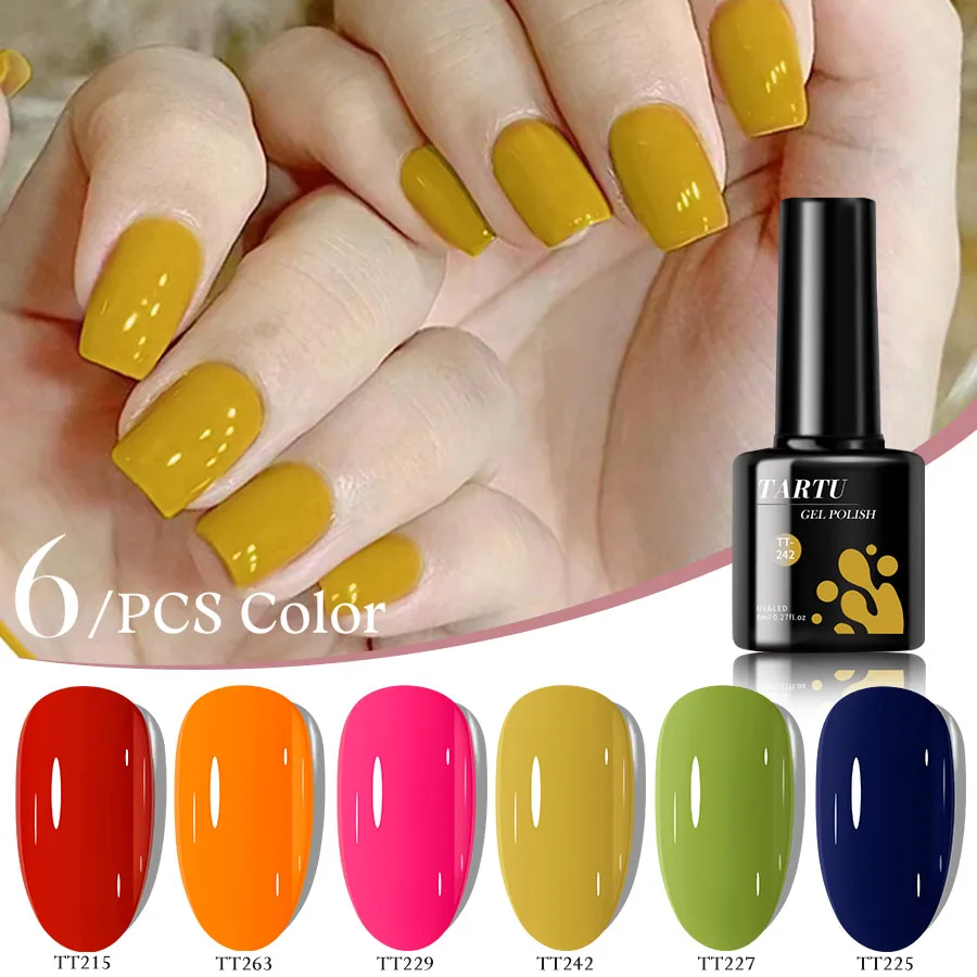 Un set di smalti gel semipermanenti a 6 colori in rosa verdastro, bianco crema, nudo e marrone rosso. UV/LED resistenti all'umidità.