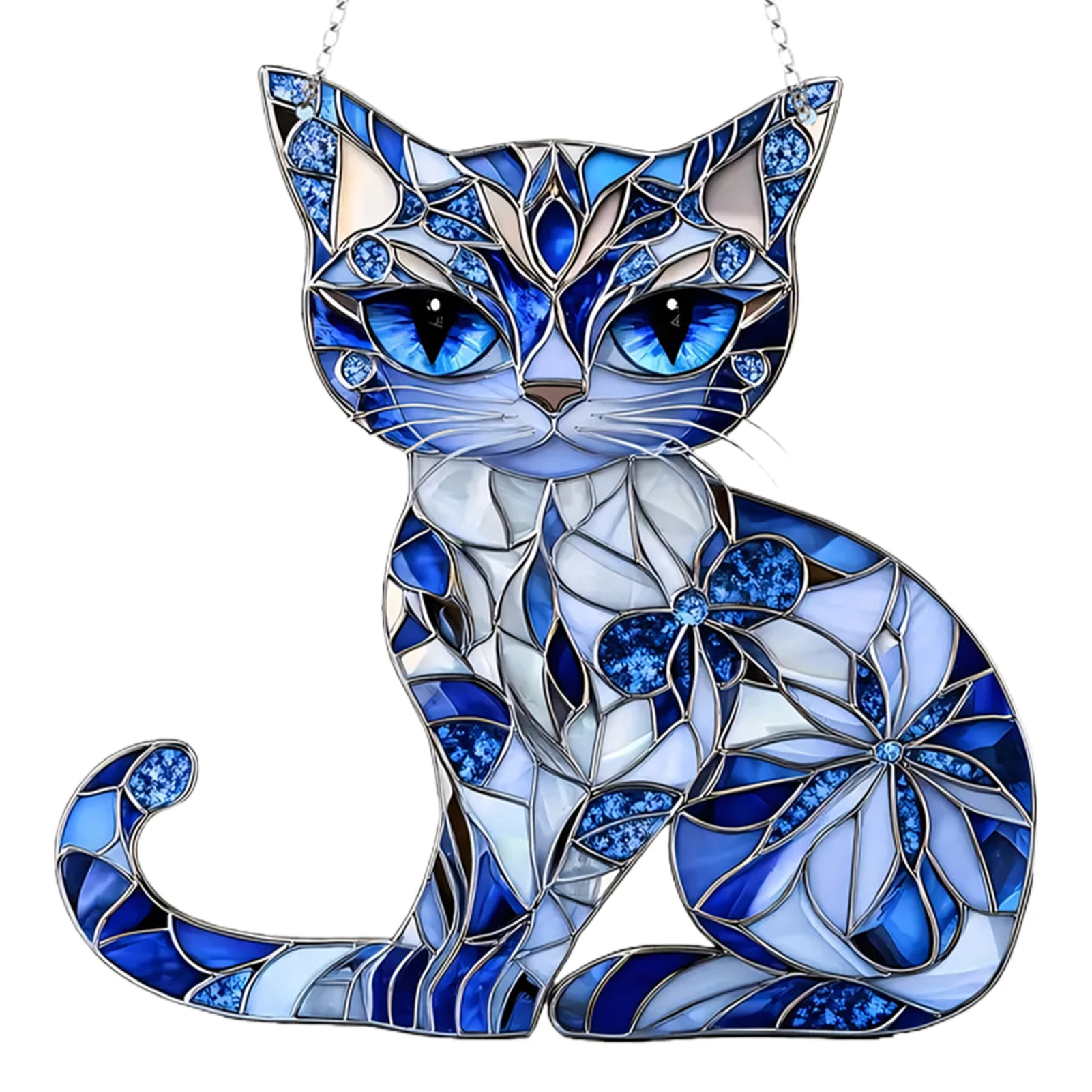 8-inch Acrylic Blue Cat Stained Glass Window Hanging Sun Catcher Outdoor Indoor Yard Decor Cat Lover Sign Gift for Family Home