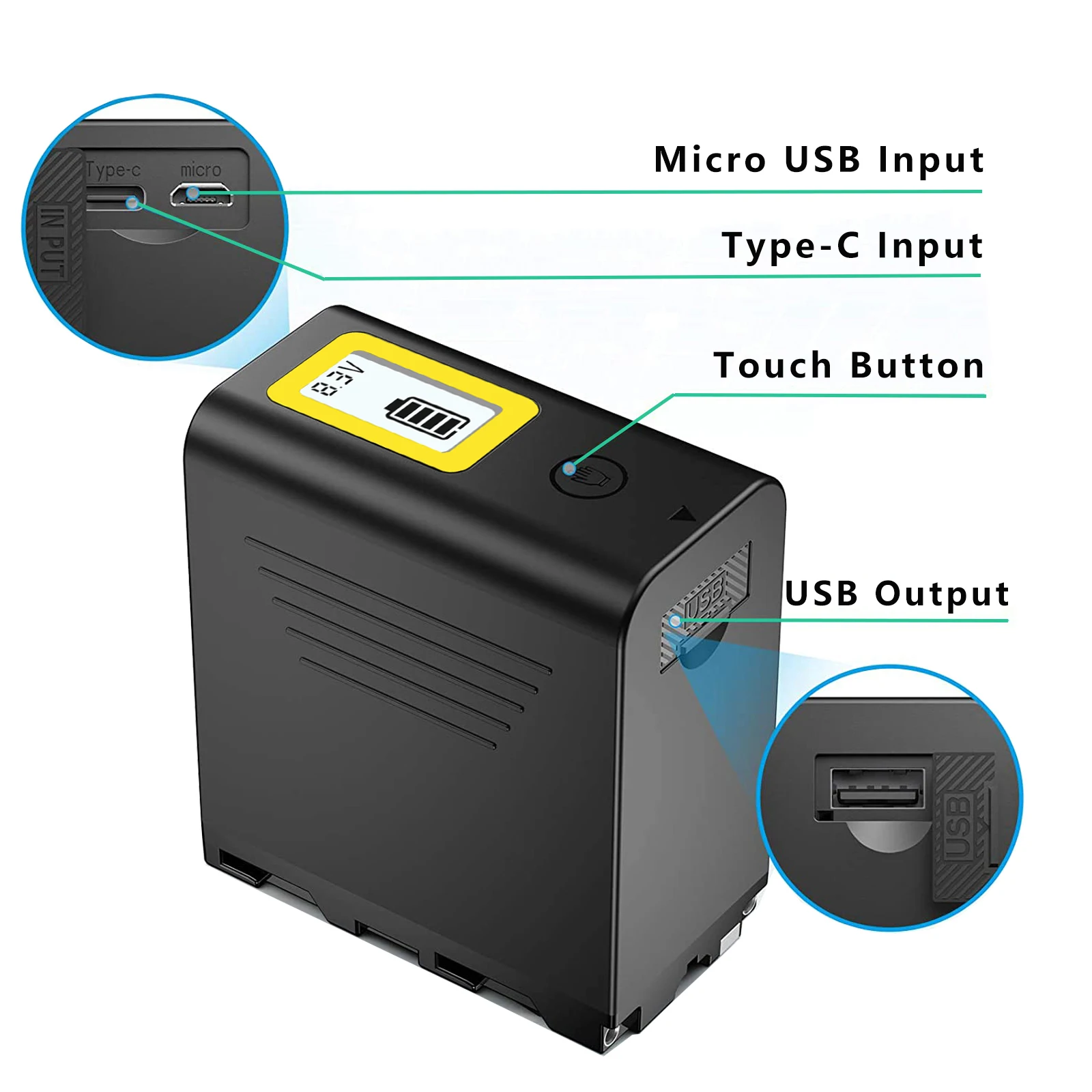 7800mAh NP-F970 NP-F960 Replace Battery with USB Output LCD Display for Sony Handycams and LED Video Light , Field Monitor