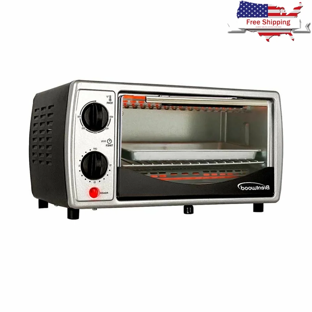 

Stainless Steel 4 Slice Toaster Oven Adjustable Temperature 50-450F 15-Minute Timer Crumb Tray Food Tray Wire Rack 800W Power