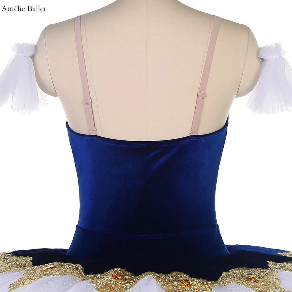 BLL456 Marineblauw fluwelen pre-professionele ballettutu met witte tuturok Meisjes en dames podiumprestaties danskleding