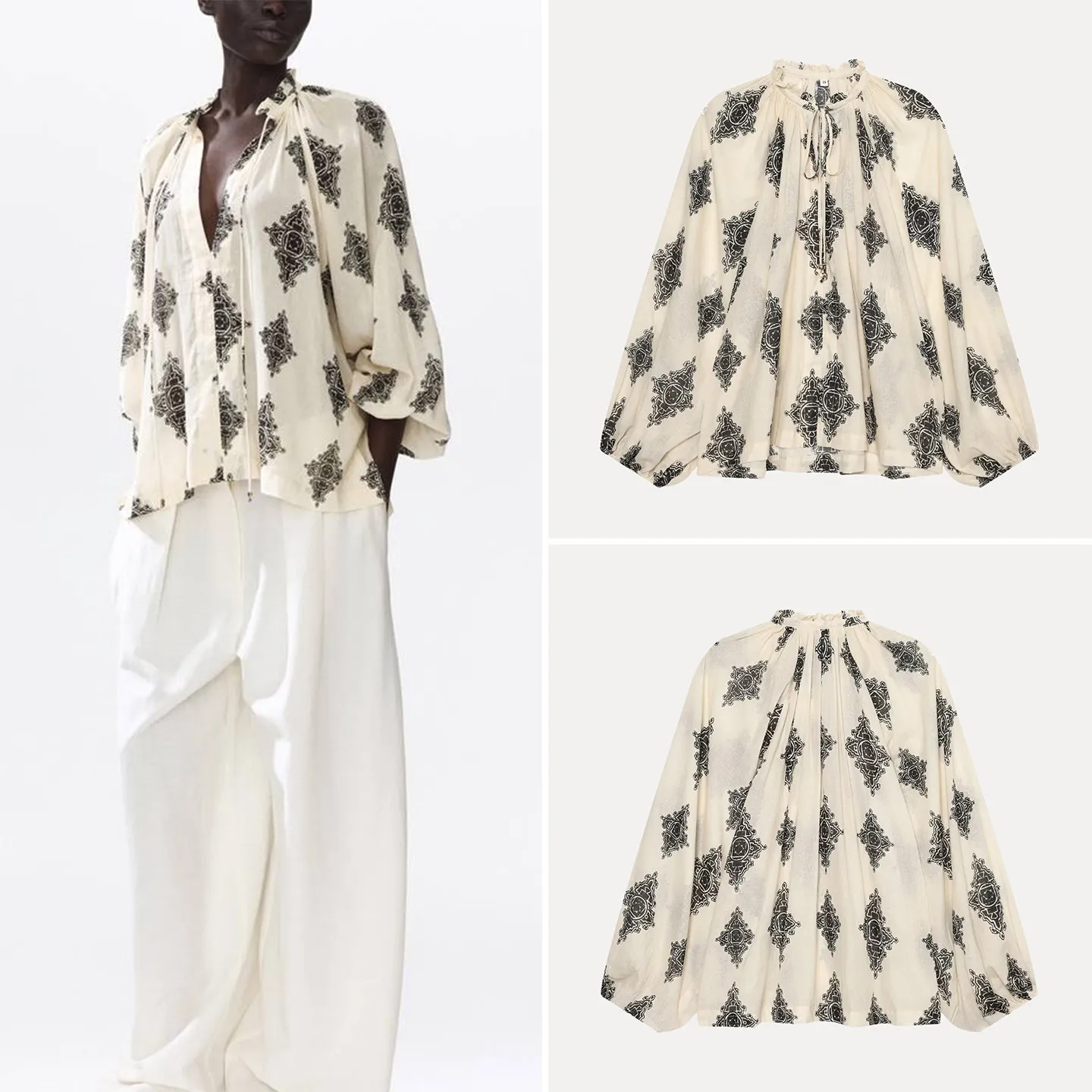 Women's Fashion round Neck Belted Large Silhouette Lantern Sleeve Top Autumn 2026 Style European ZADATA Sleeve Long Other Mat...
