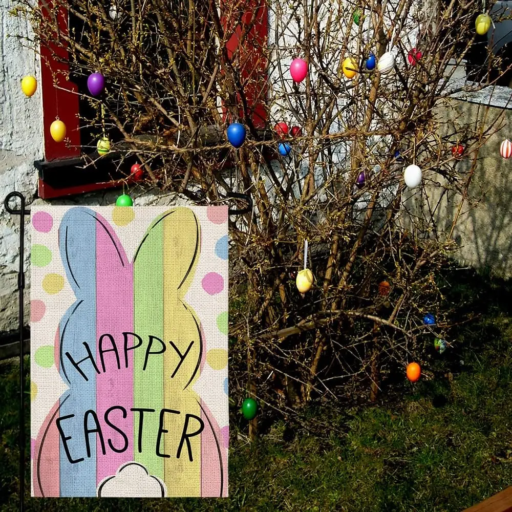 Happy Easter Bunny Garden Flag 12×18 Inch Double Sided for Outside Small Rabbit Tail Burlap Holiday Yard Flag