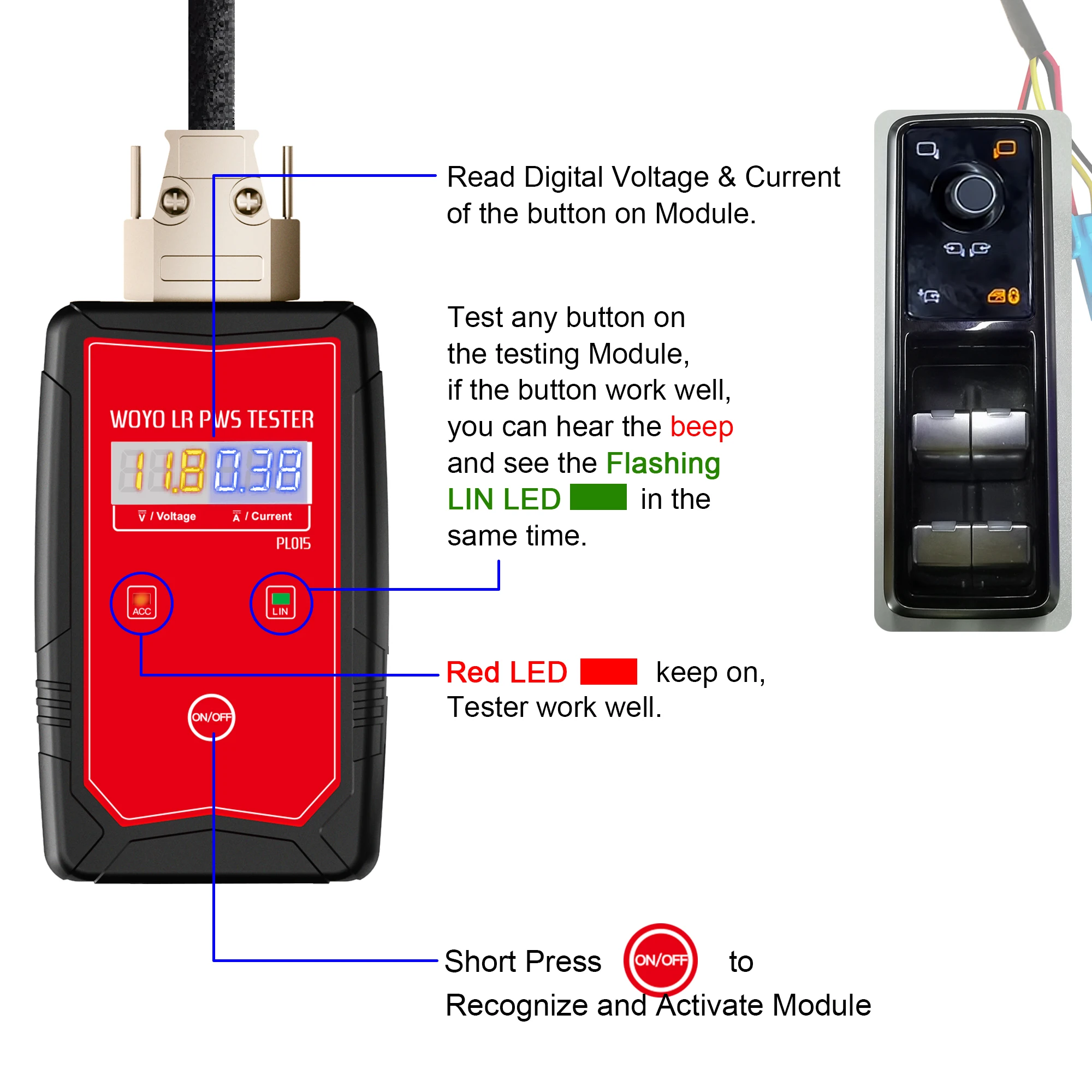 WOYO PL015 PWS Tester For Land Rover Power Window Control Switch Detector Glass Lifter Automotive Diagnostic Tool