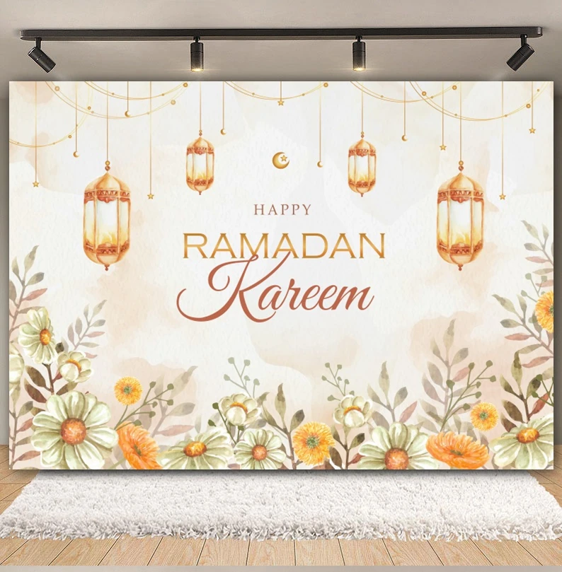 Eid Mubarak Backdrop Pink Flower Islamic Muslim Eid Al Adha Ramadan Kareem Moon Lantern Family Party Background for Photography