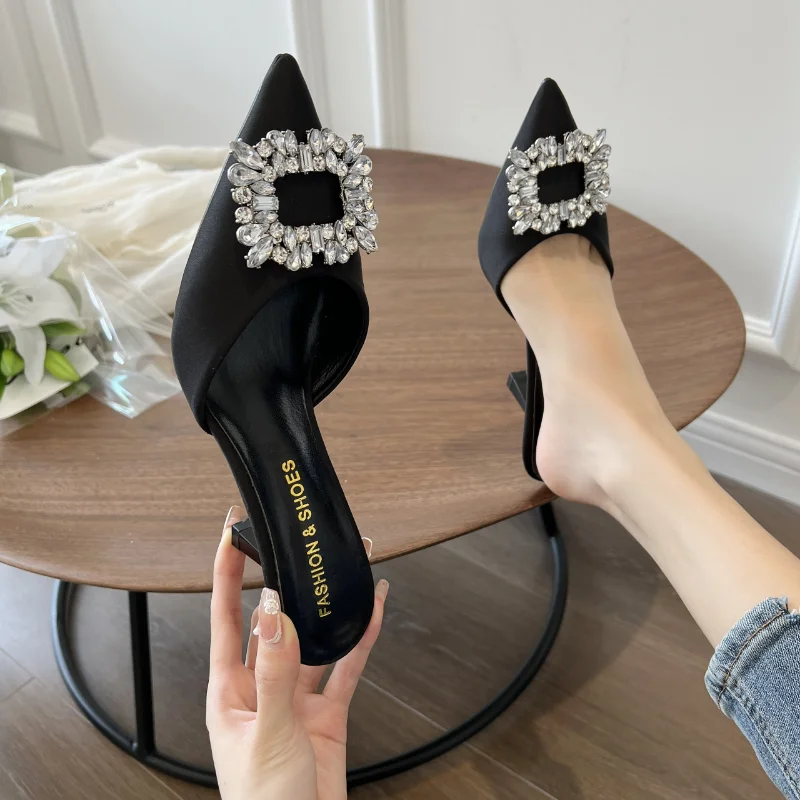 Pointed Toe Slingback Mules Women Fashion Square Rhinestone  Women\'s Sandals Sexy Thin Heels Party Slippers 2023 Summer Sandals