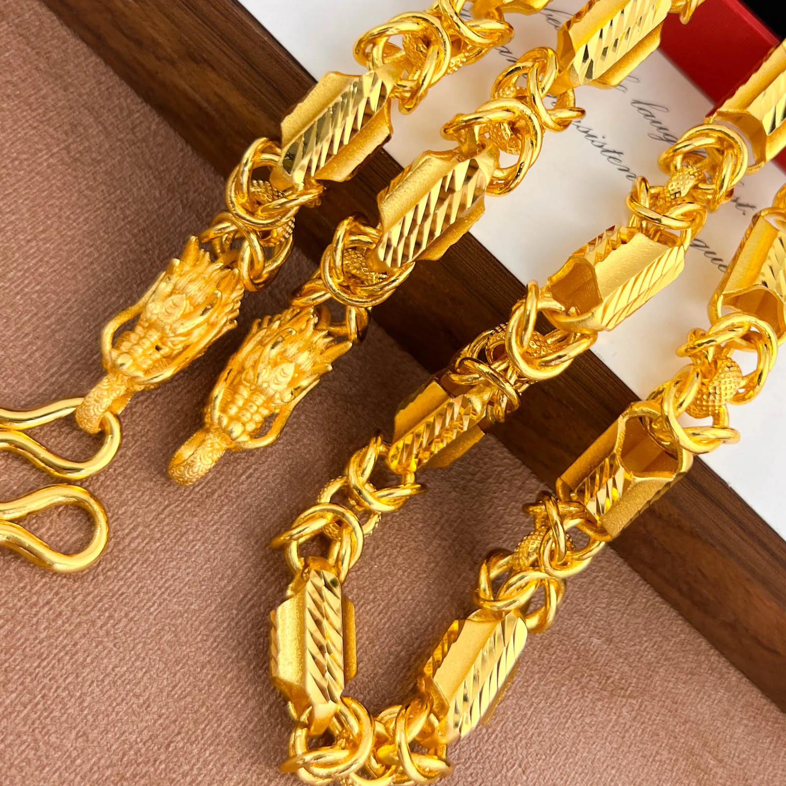 Lynge Jewelry 9999 24K real gold boutique fantasy craft dragon bone necklace men's domineering retro faucet chain fashion hexago