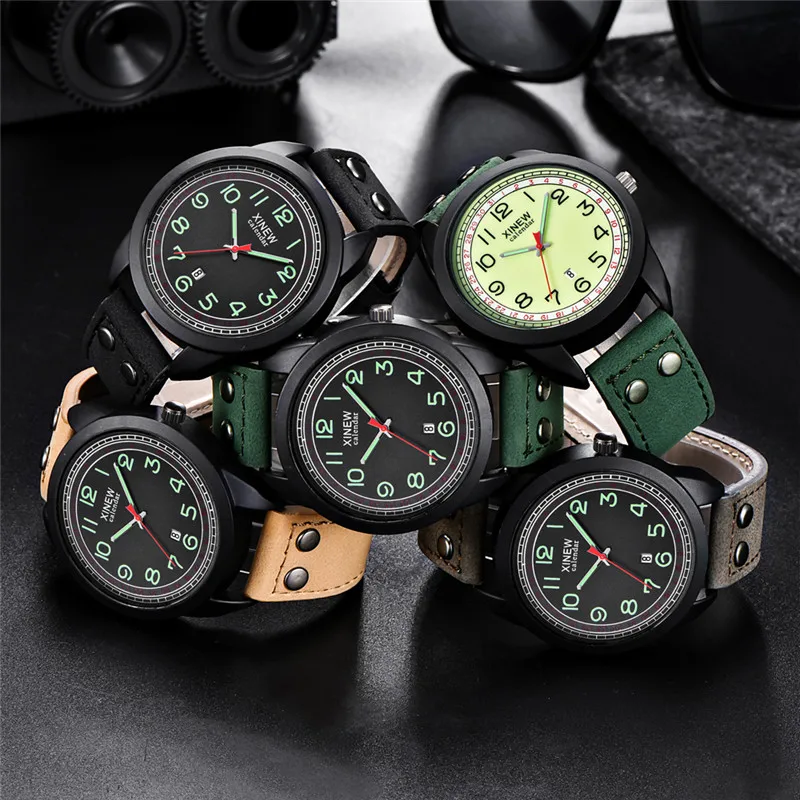남성 저렴한 시계 학생 패션 캐주얼 가죽 밴드 군사 스포츠 날짜 쿼츠 시계 Erkek Barato Saat Relogio Masculino