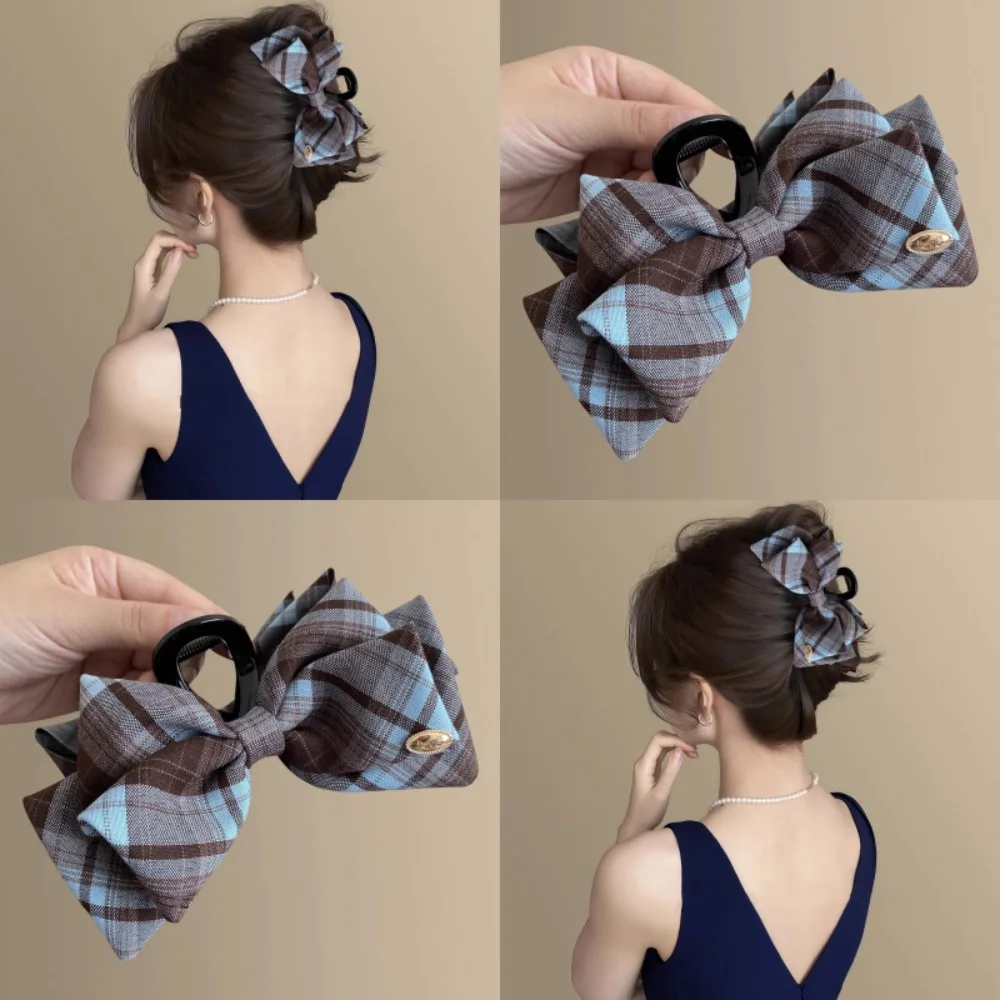 Korean Style College Fashion Plaid Butterfly Knot Hair Clip Stylish Simple Gold Label Shark Hair Clip Back of Head Bun Hair Clip