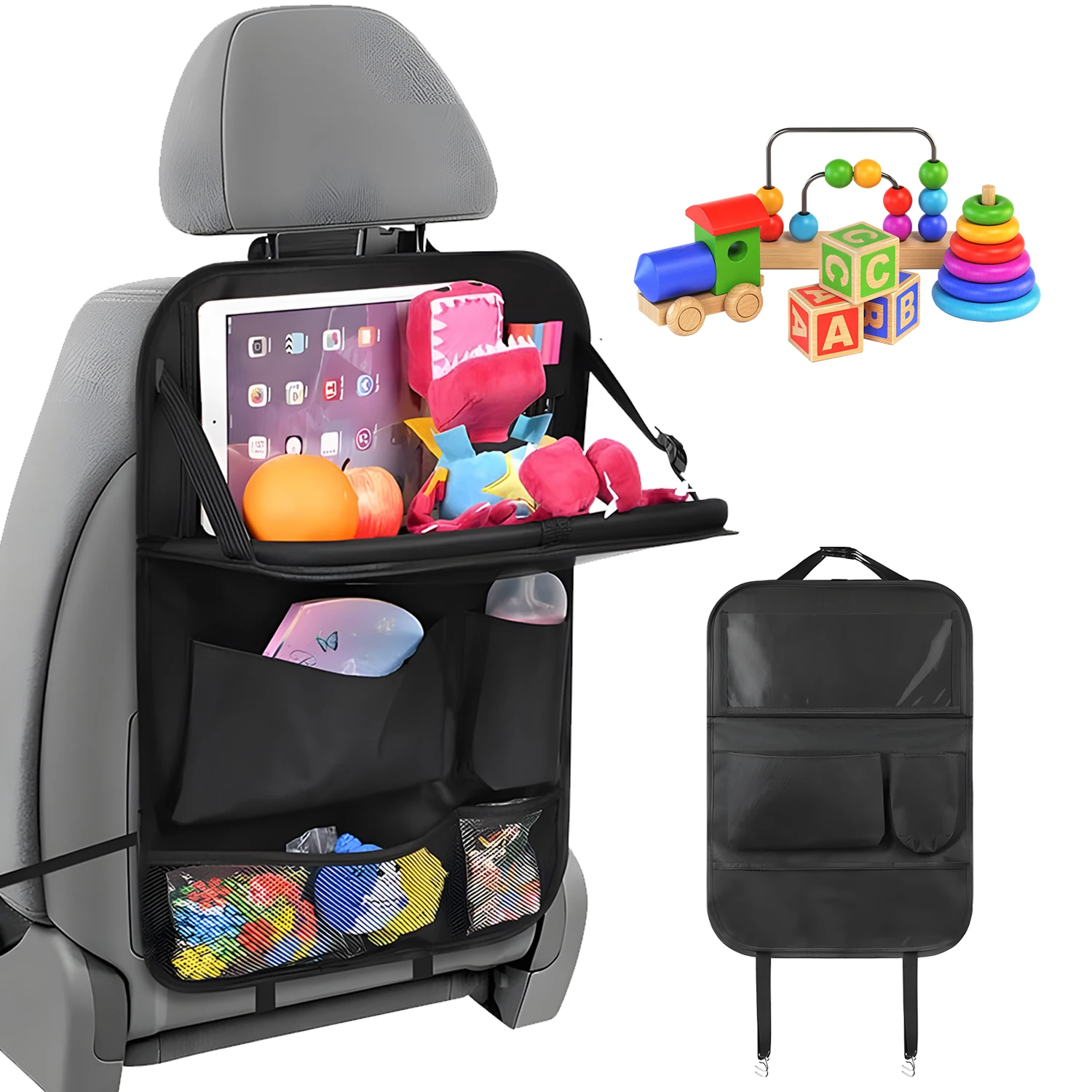 Organisateur de siège arrière de voiture 1 pièce avec table pliable, 6 sacs de rangement, support pour tablette, protection de dossier de siège de voiture, protection anti-coup de pied et accessoires de voyage (Noir)