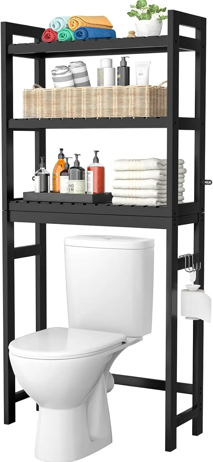 

3-Tier Over The Toilet Storage Shelf with Hooks, Freestanding Bathroom Organizer for Small Spaces, No Rust, Easy Assembly, Black