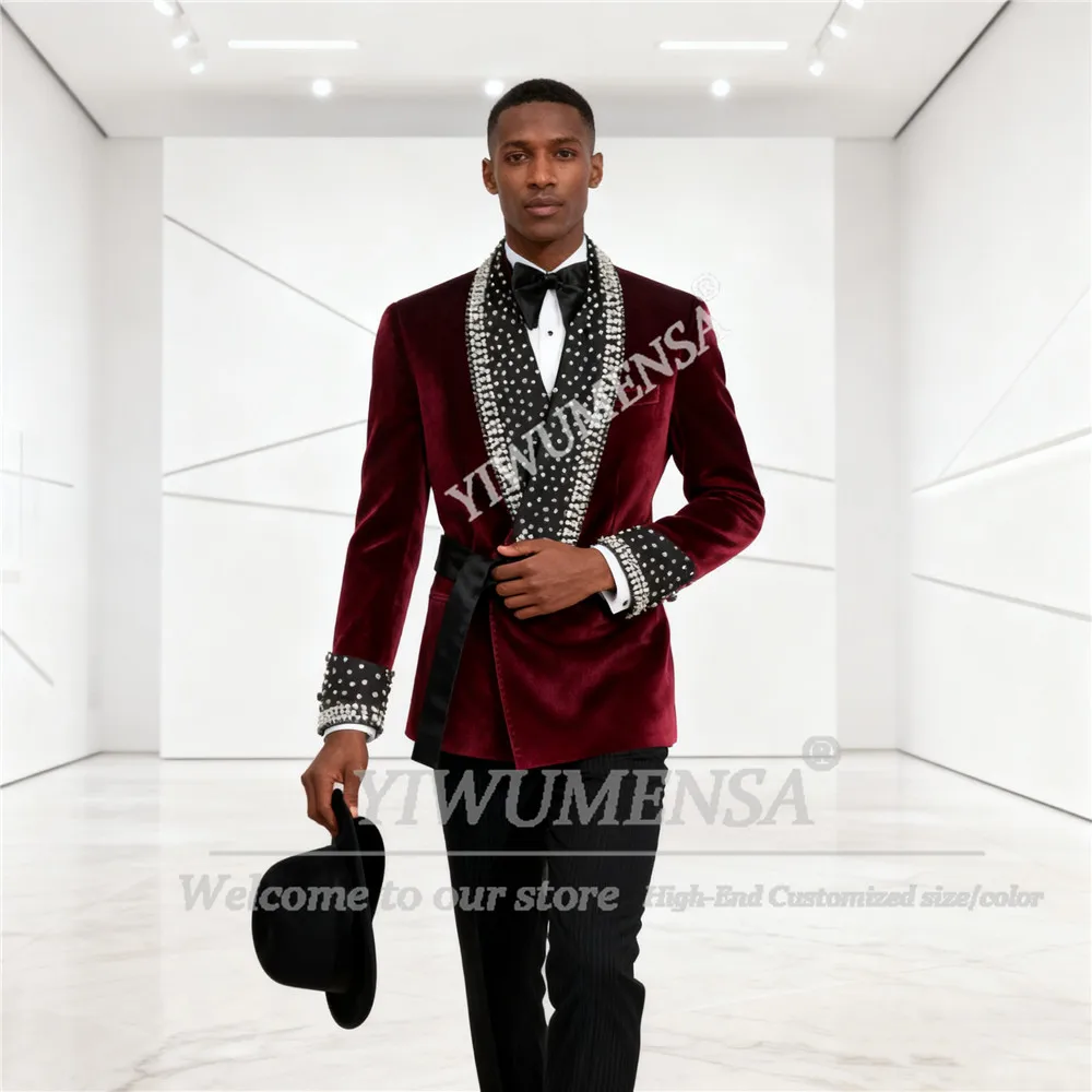 

Luxury Beaded Pearls Man Suits Double Breasted Velvet Groom Tuxedos Slim Fit Customized 2 Pieces Sets terno masculino completo