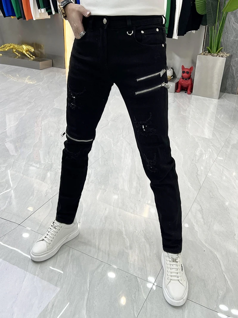 

Мужские джинсы Bla Fce с подкладкой, зауженного кроя, осенне-зимние, модные, с молниями и прорезями, молодежные, повседневные, длинные брюки, трендовые, расклешенные